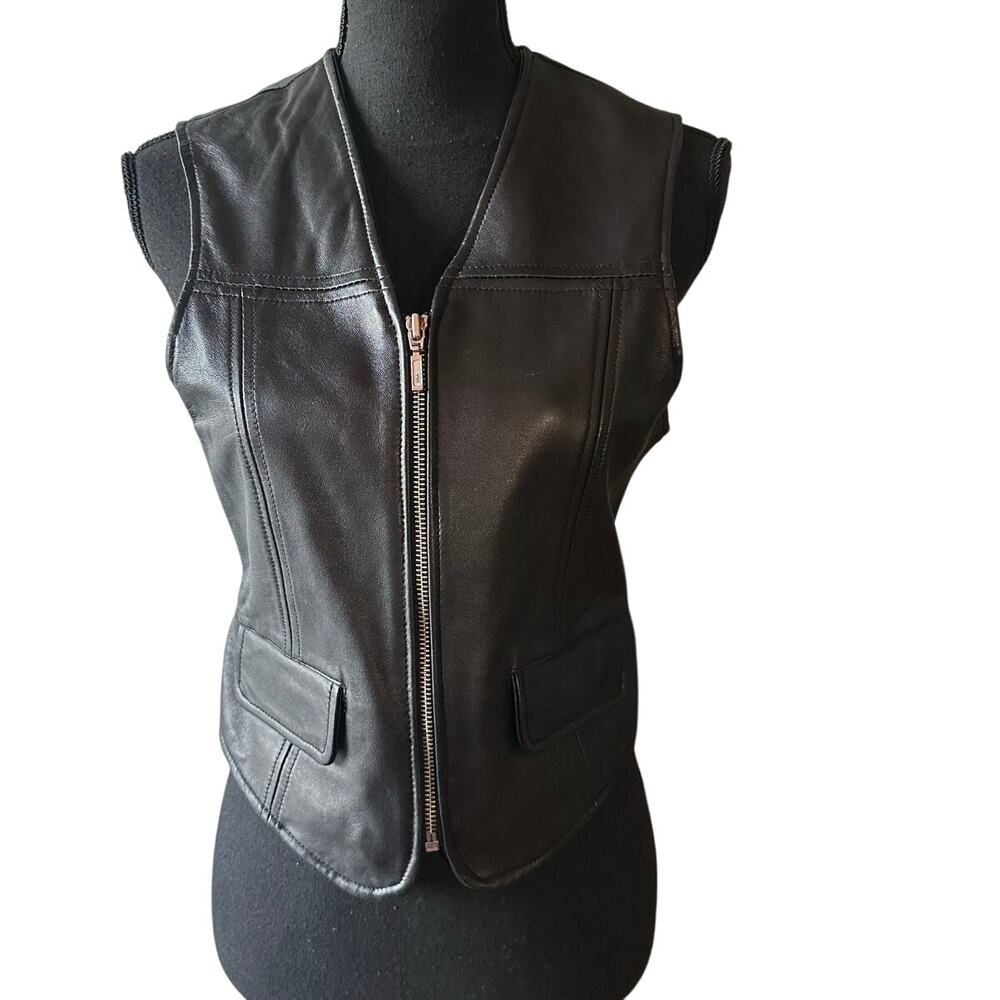 Edgy Black Leather Moto Vest – Limited America Full Zip Biker Style S